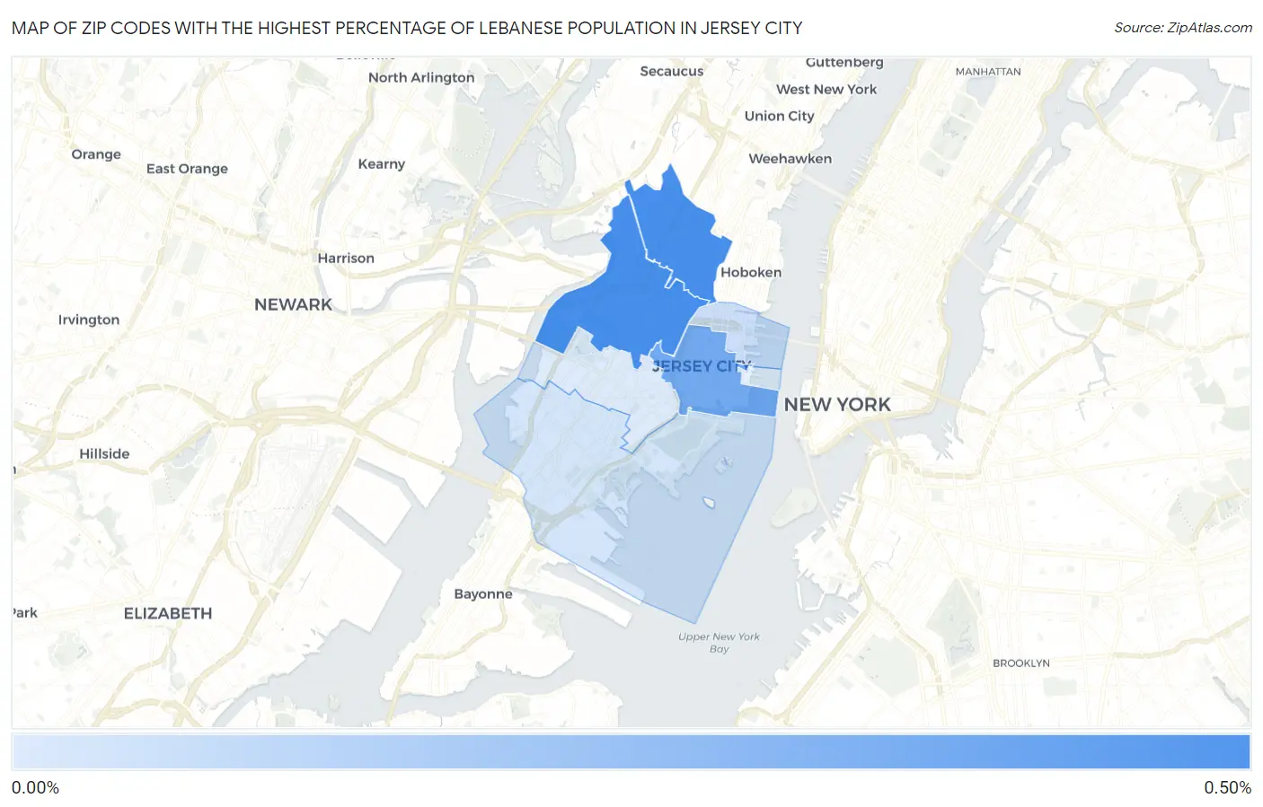 Zip Codes with the Highest Percentage of Lebanese Population in Jersey City Map