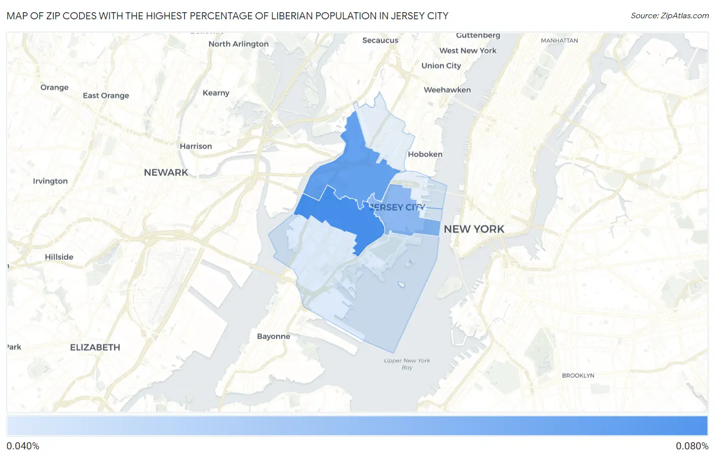 Zip Codes with the Highest Percentage of Liberian Population in Jersey City Map
