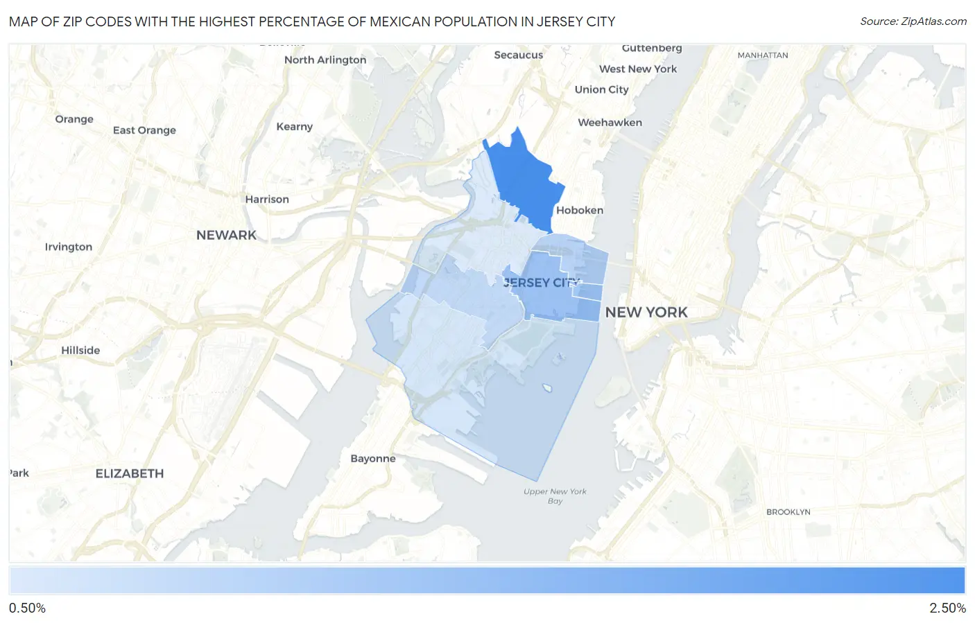 Zip Codes with the Highest Percentage of Mexican Population in Jersey City Map
