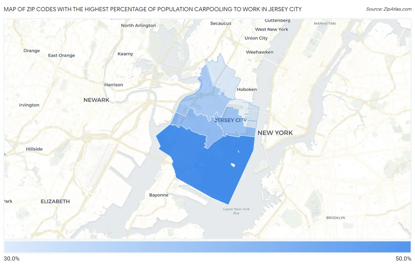 Zip Codes with the Highest Percentage of Population Carpooling to Work in Jersey City Map