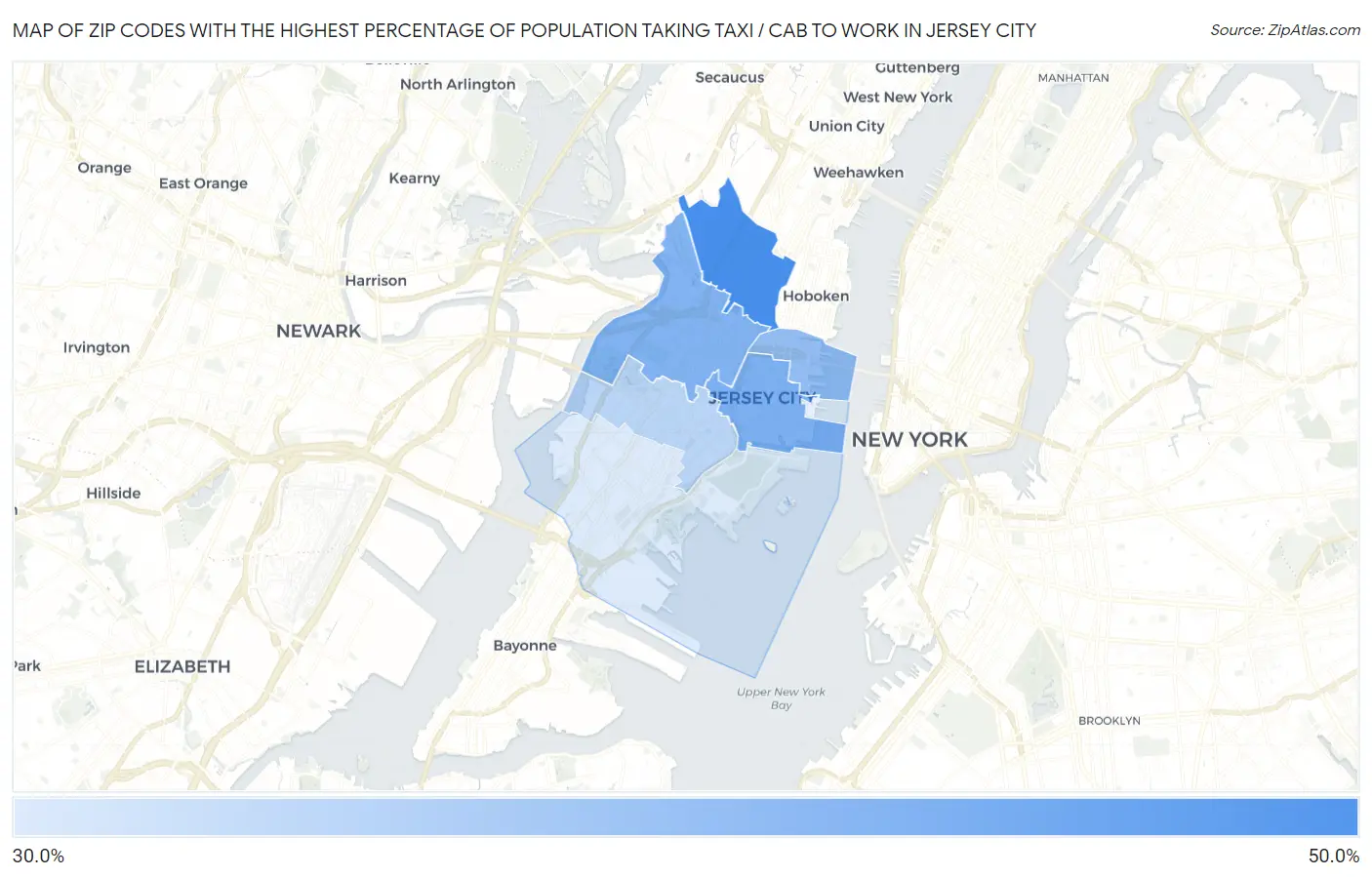 Zip Codes with the Highest Percentage of Population Taking Taxi / Cab to Work in Jersey City Map
