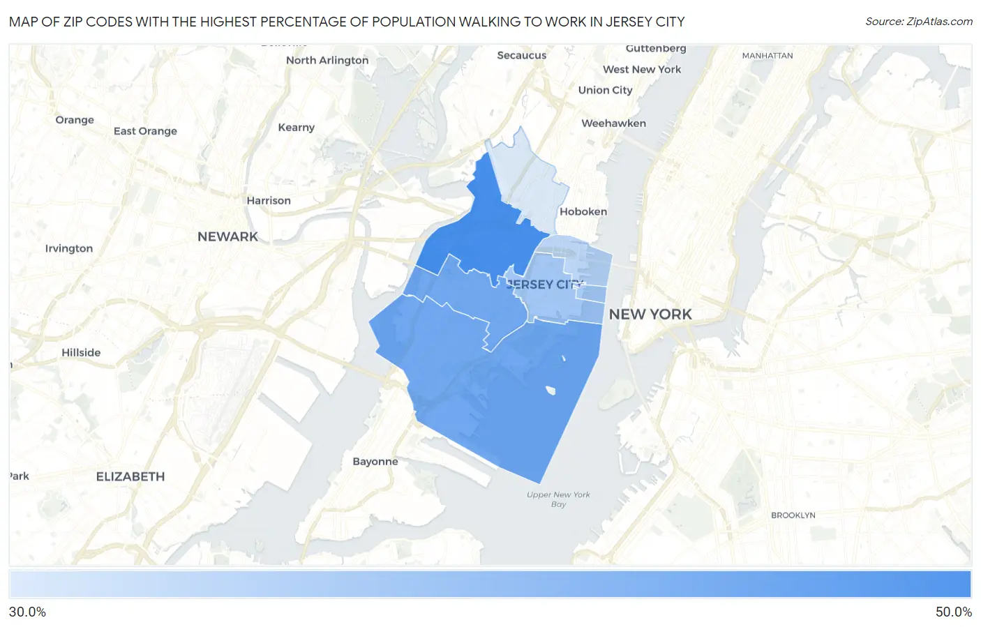 Zip Codes with the Highest Percentage of Population Walking to Work in Jersey City Map