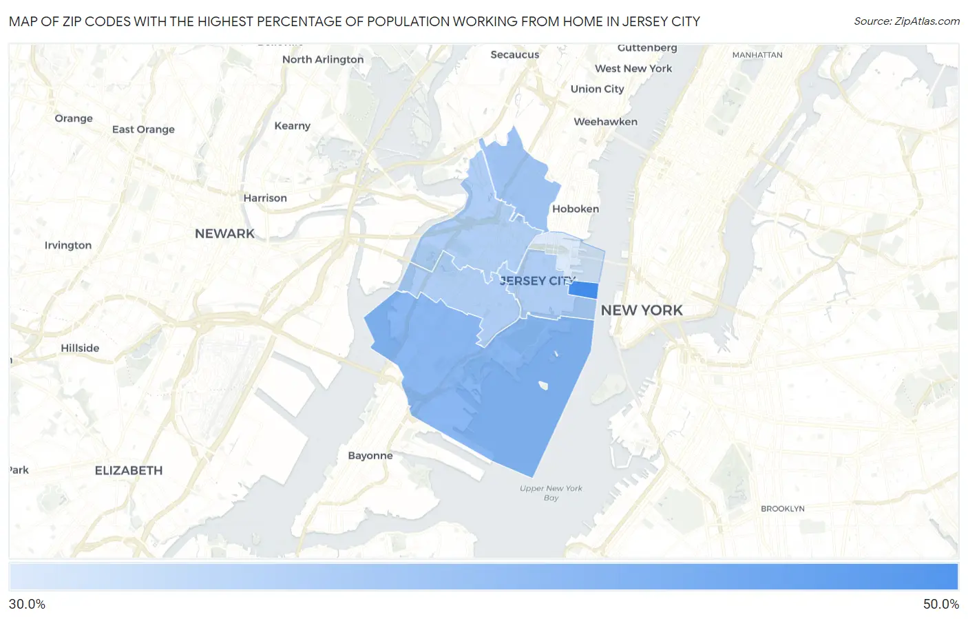 Zip Codes with the Highest Percentage of Population Working from Home in Jersey City Map