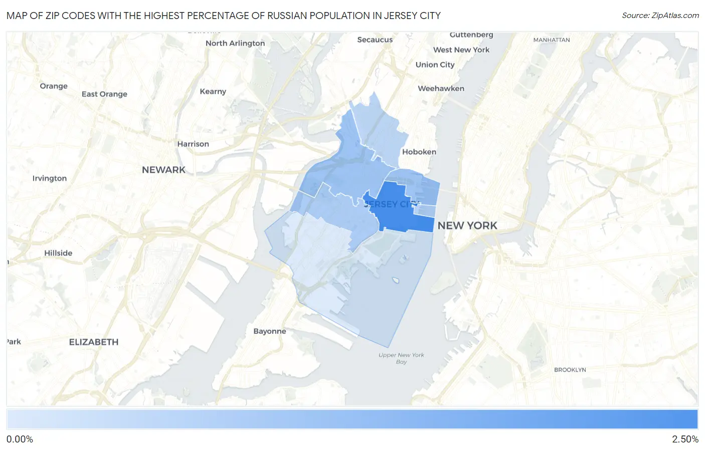 Zip Codes with the Highest Percentage of Russian Population in Jersey City Map