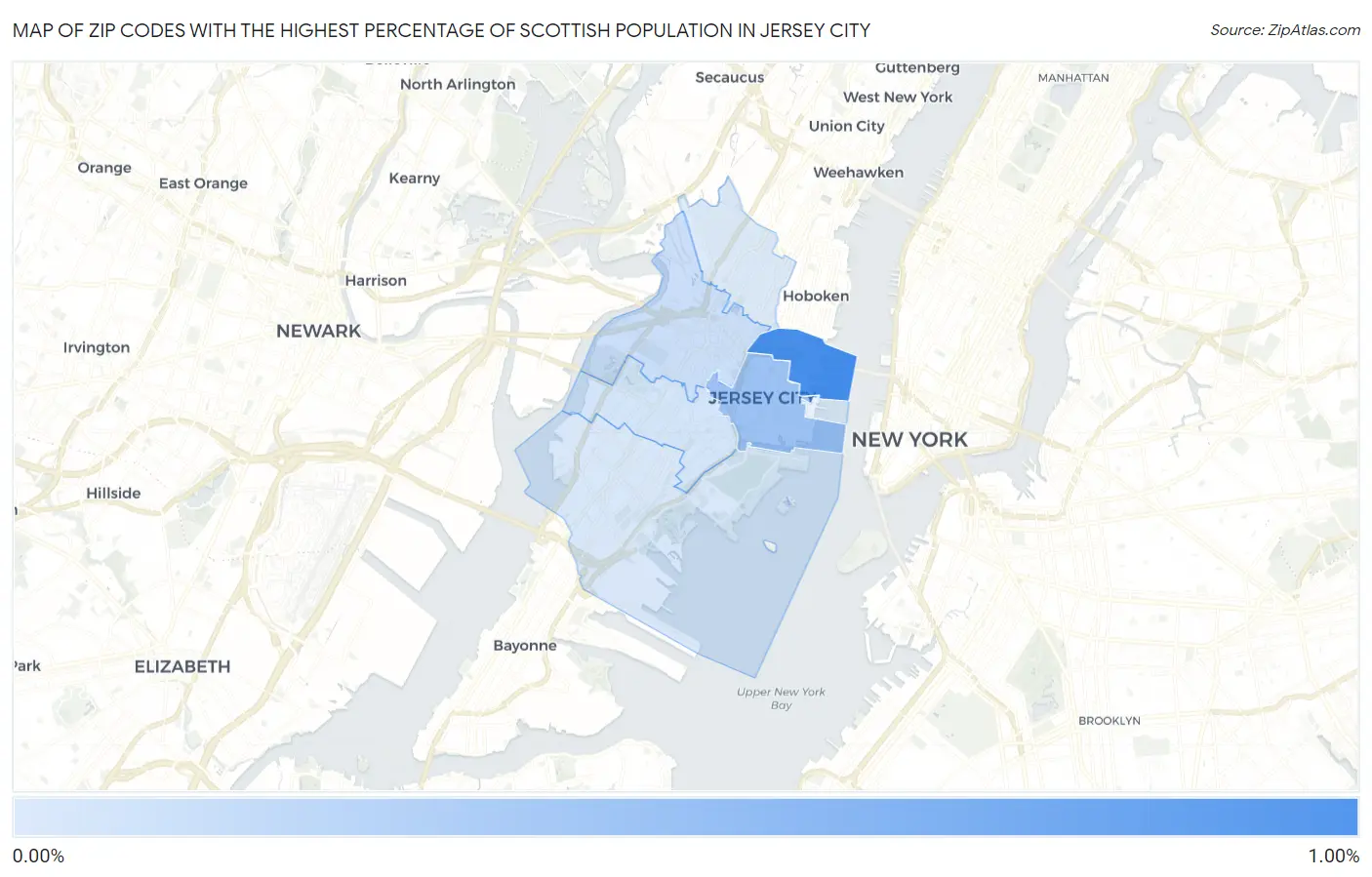 Zip Codes with the Highest Percentage of Scottish Population in Jersey City Map