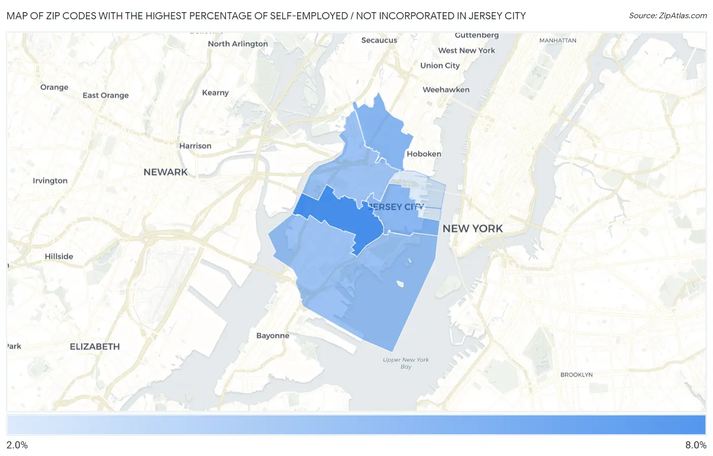 Zip Codes with the Highest Percentage of Self-Employed / Not Incorporated in Jersey City Map