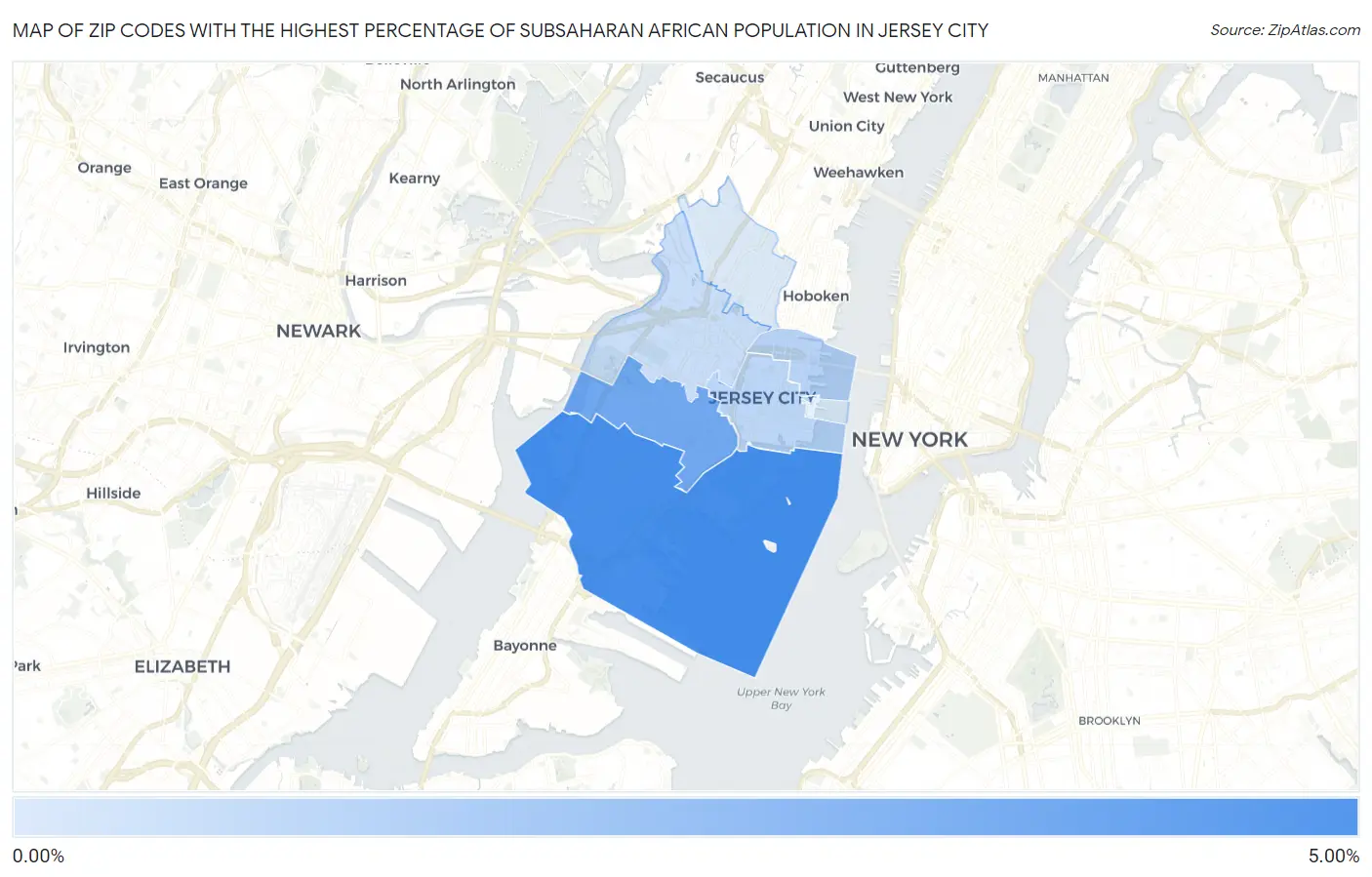 Zip Codes with the Highest Percentage of Subsaharan African Population in Jersey City Map