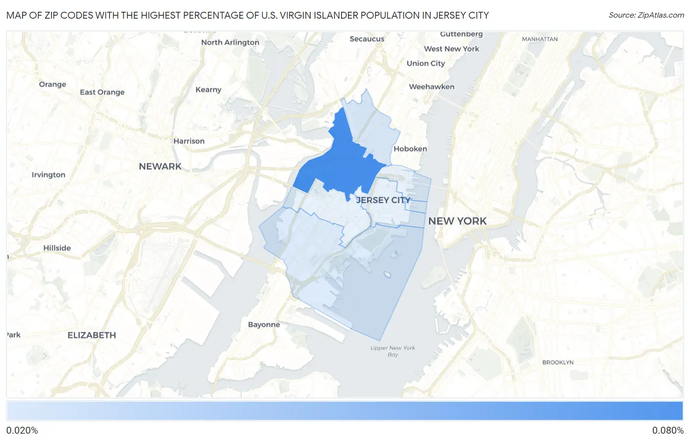 Zip Codes with the Highest Percentage of U.S. Virgin Islander Population in Jersey City Map