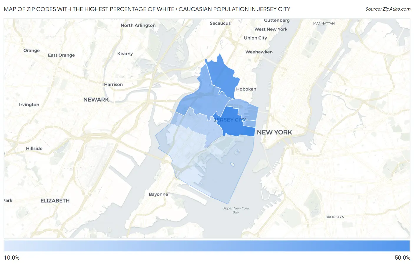 Zip Codes with the Highest Percentage of White / Caucasian Population in Jersey City Map