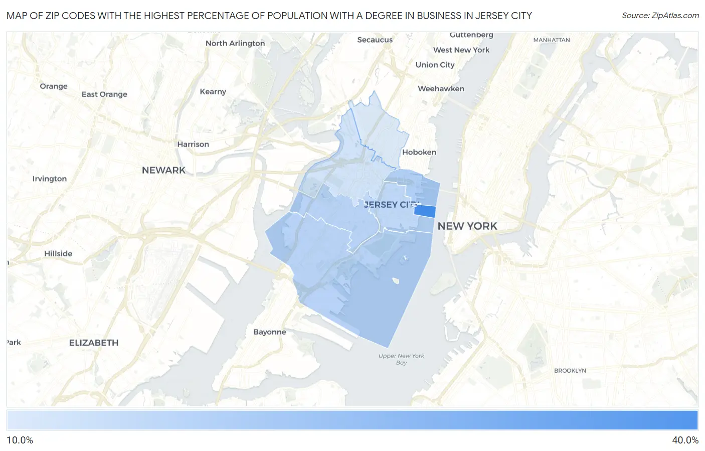 Zip Codes with the Highest Percentage of Population with a Degree in Business in Jersey City Map