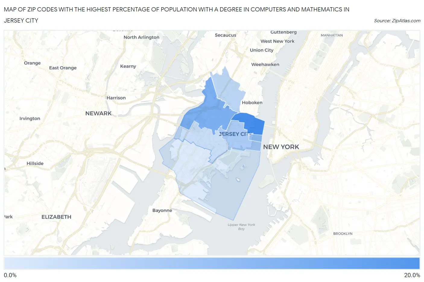 Zip Codes with the Highest Percentage of Population with a Degree in Computers and Mathematics in Jersey City Map