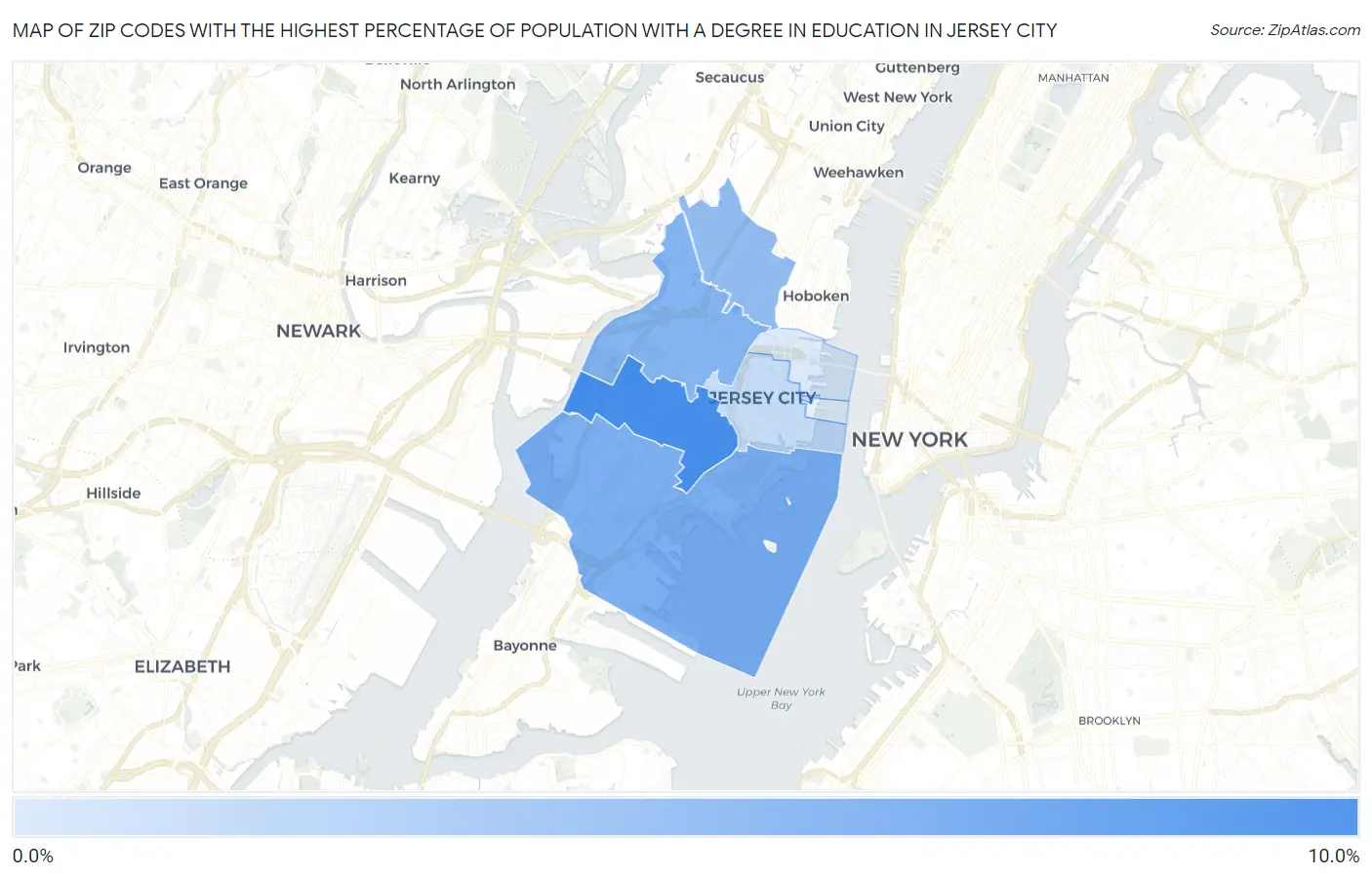 Zip Codes with the Highest Percentage of Population with a Degree in Education in Jersey City Map
