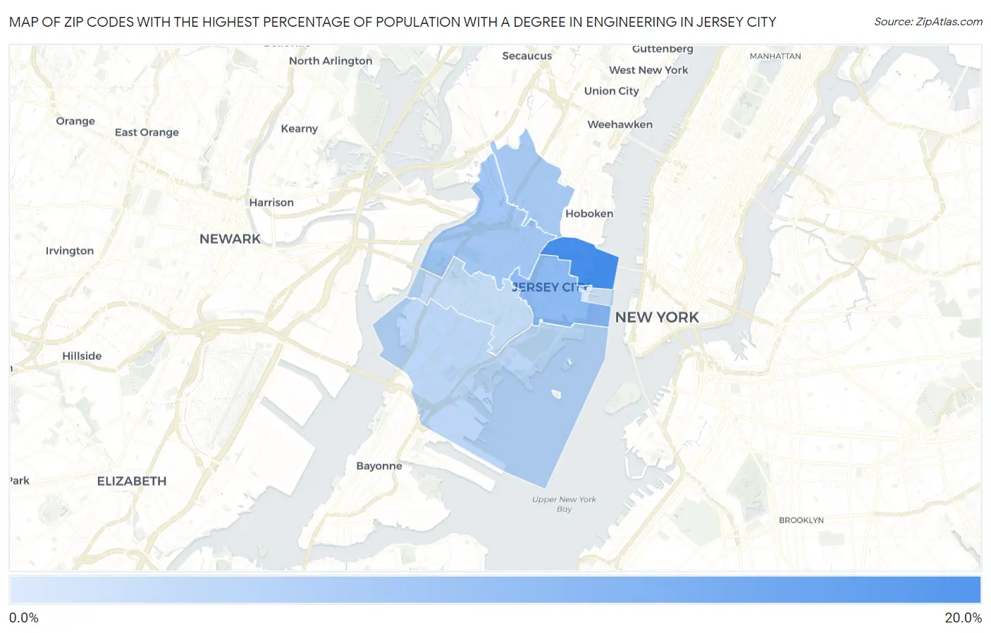 Zip Codes with the Highest Percentage of Population with a Degree in Engineering in Jersey City Map