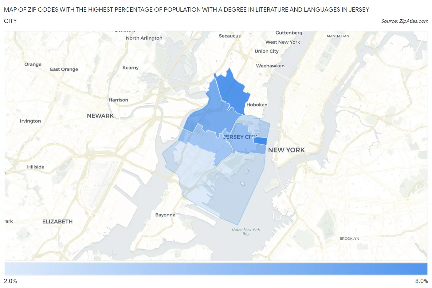 Zip Codes with the Highest Percentage of Population with a Degree in Literature and Languages in Jersey City Map