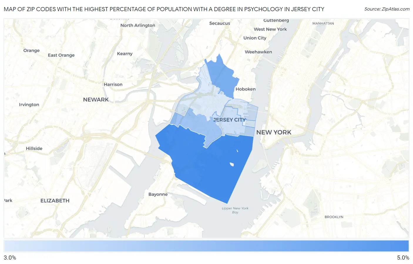 Zip Codes with the Highest Percentage of Population with a Degree in Psychology in Jersey City Map