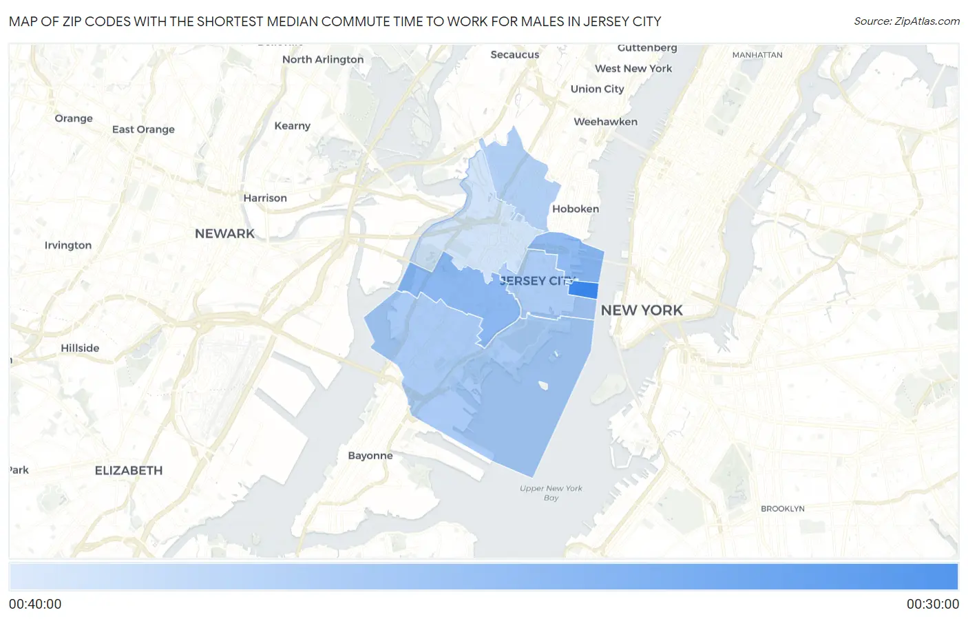Zip Codes with the Shortest Median Commute Time to Work for Males in Jersey City Map