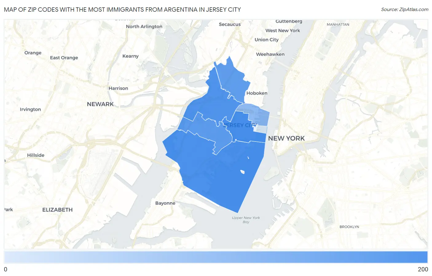 Zip Codes with the Most Immigrants from Argentina in Jersey City Map