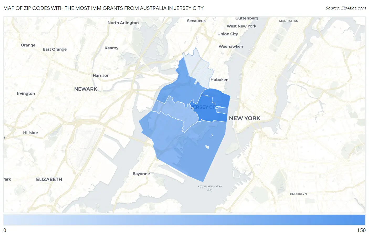 Zip Codes with the Most Immigrants from Australia in Jersey City Map