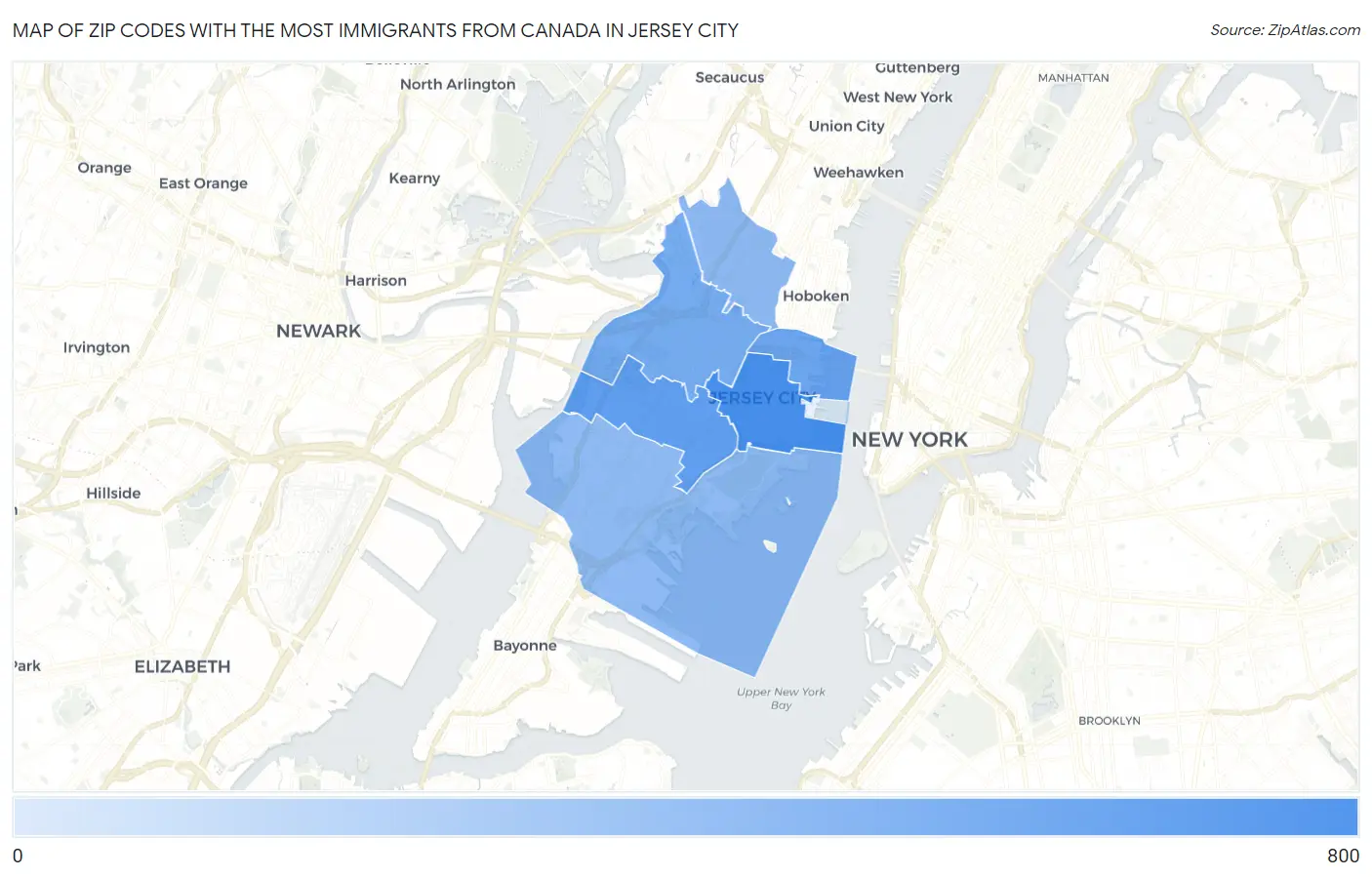 Zip Codes with the Most Immigrants from Canada in Jersey City Map