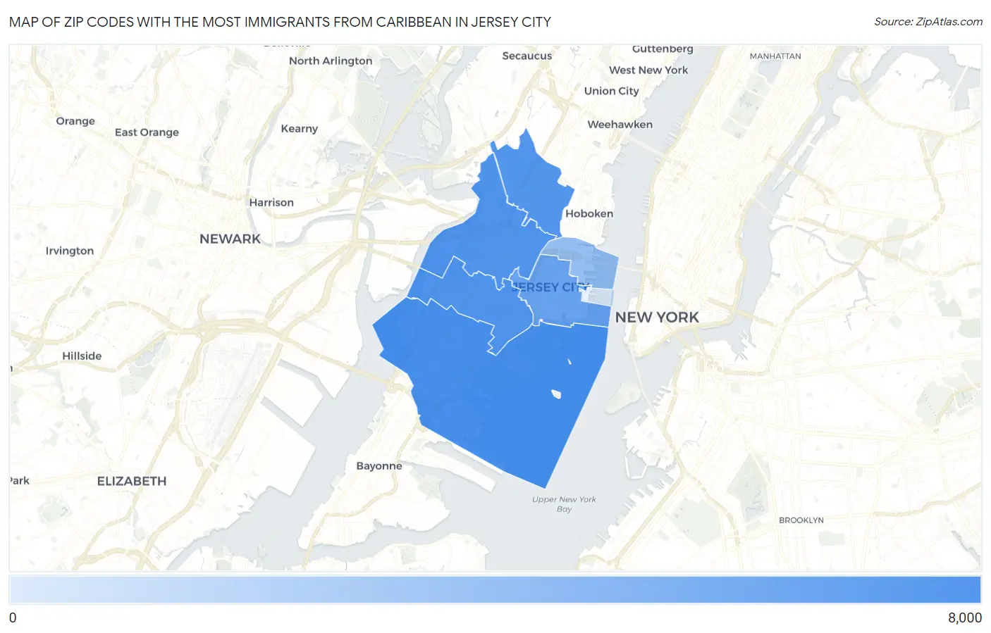 Zip Codes with the Most Immigrants from Caribbean in Jersey City Map