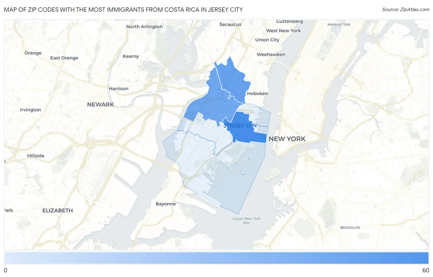 Zip Codes with the Most Immigrants from Costa Rica in Jersey City Map
