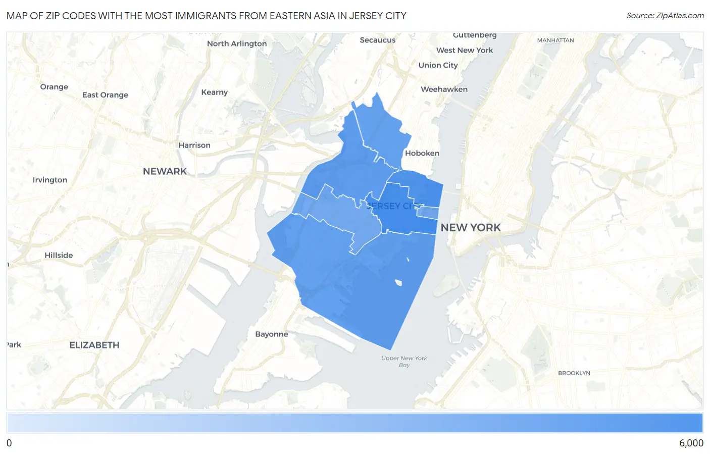 Zip Codes with the Most Immigrants from Eastern Asia in Jersey City Map