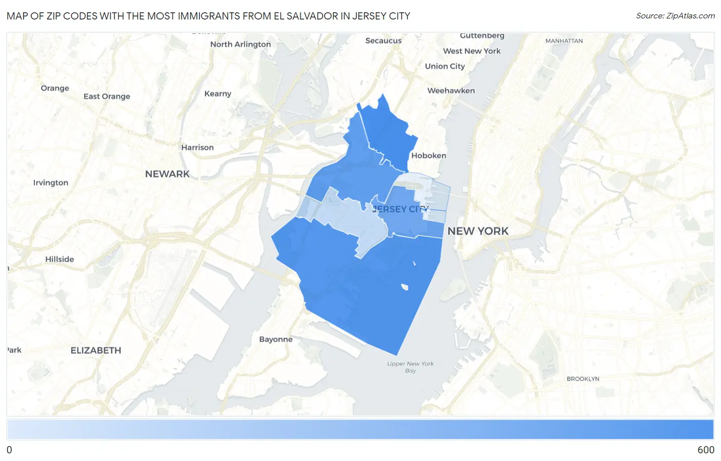 Zip Codes with the Most Immigrants from El Salvador in Jersey City Map