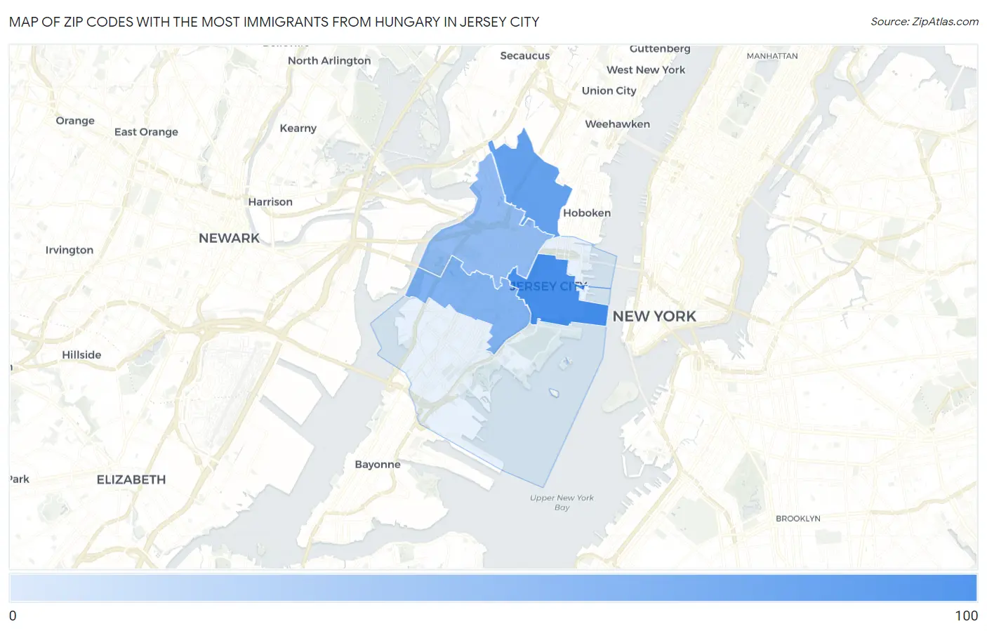 Zip Codes with the Most Immigrants from Hungary in Jersey City Map