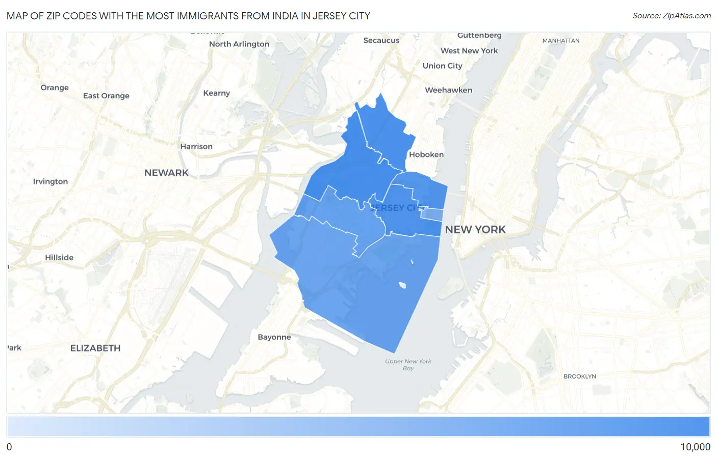 Zip Codes with the Most Immigrants from India in Jersey City Map