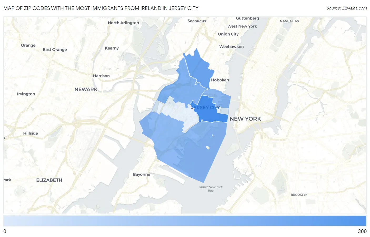 Zip Codes with the Most Immigrants from Ireland in Jersey City Map