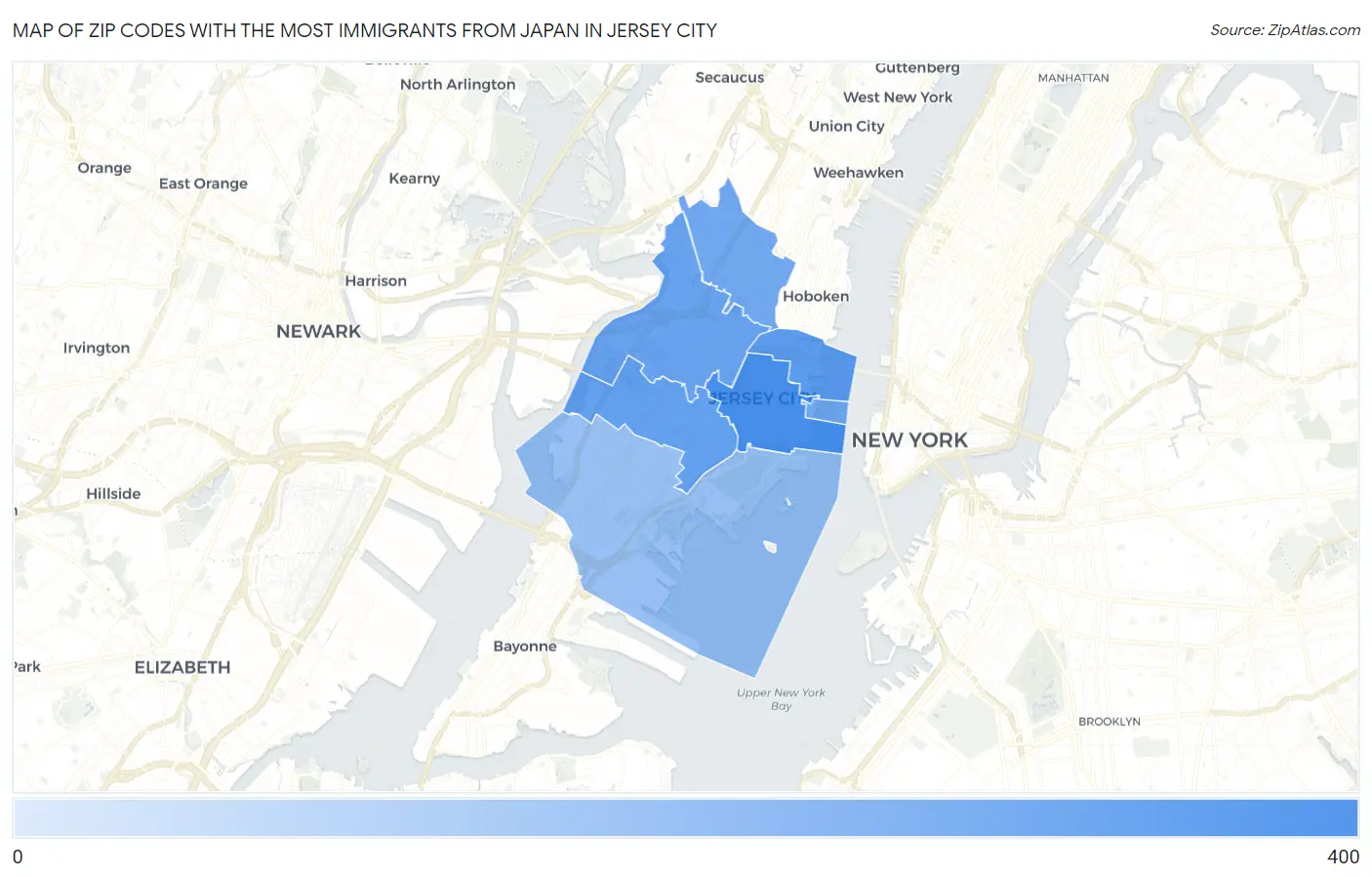 Zip Codes with the Most Immigrants from Japan in Jersey City Map