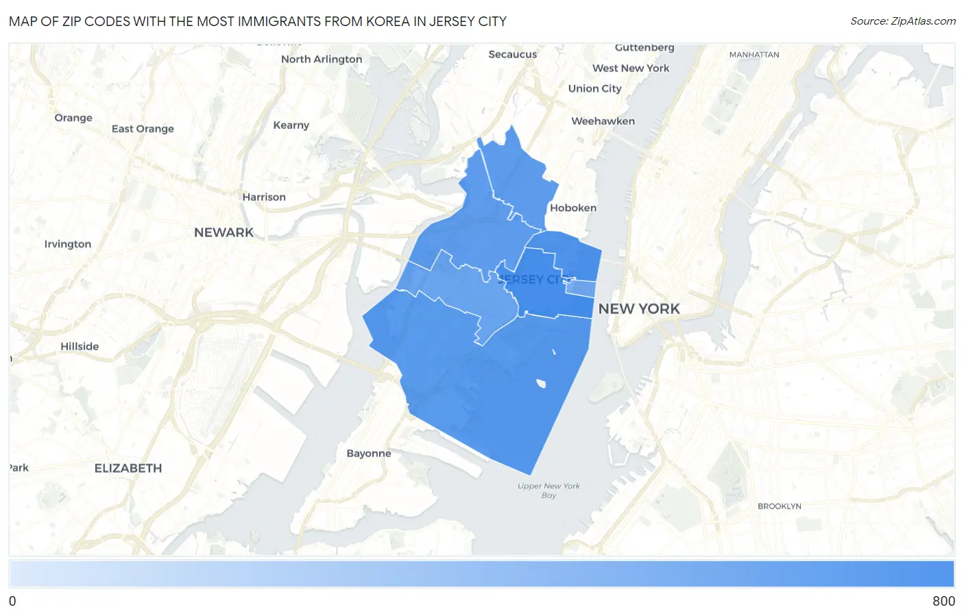 Zip Codes with the Most Immigrants from Korea in Jersey City Map