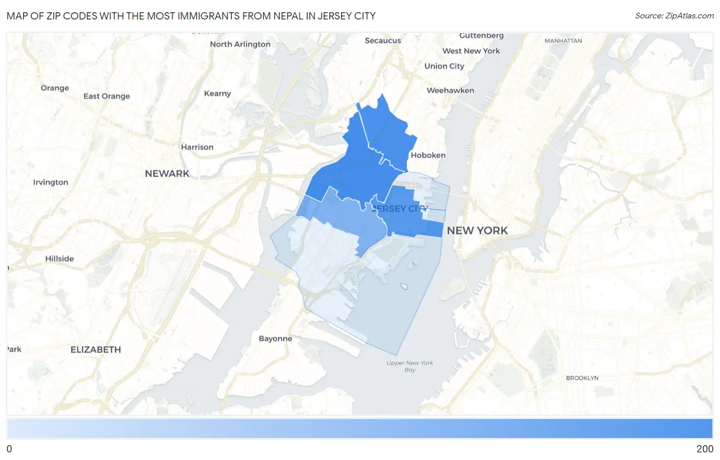 Zip Codes with the Most Immigrants from Nepal in Jersey City Map