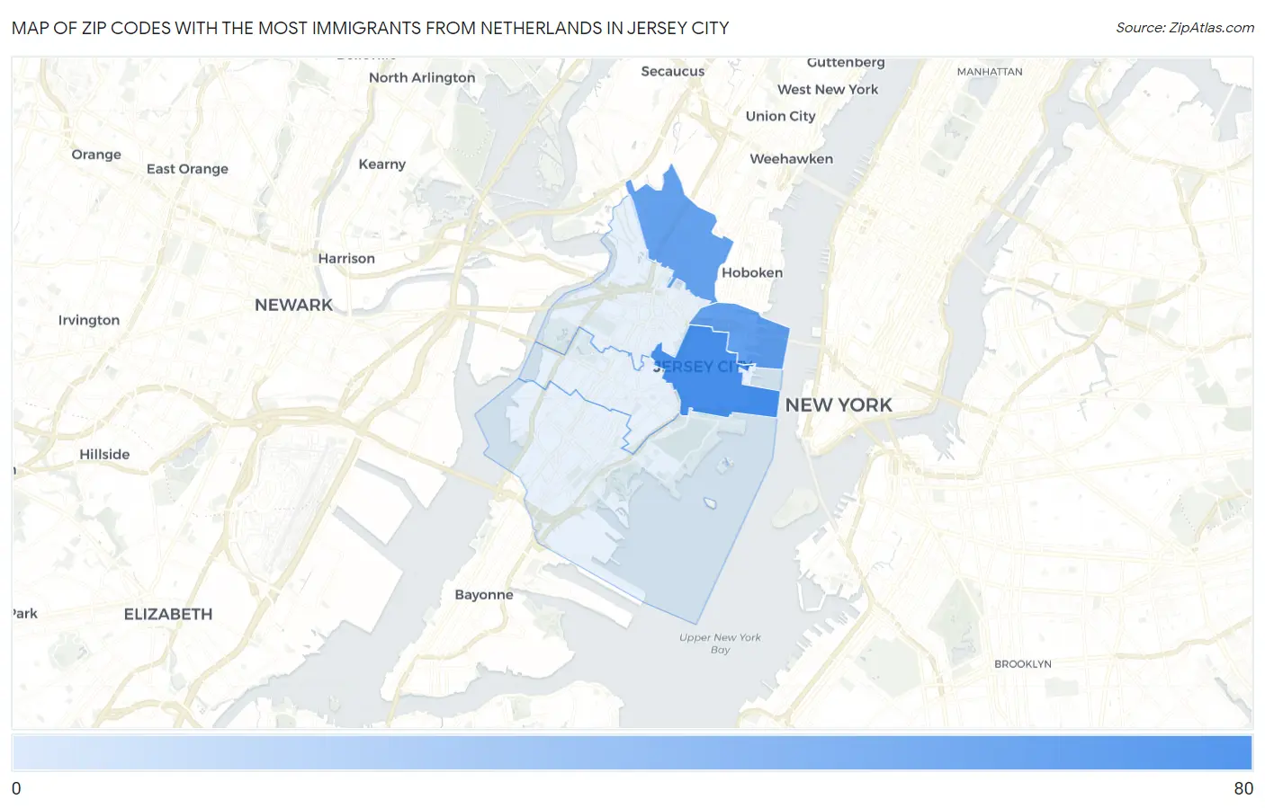 Zip Codes with the Most Immigrants from Netherlands in Jersey City Map