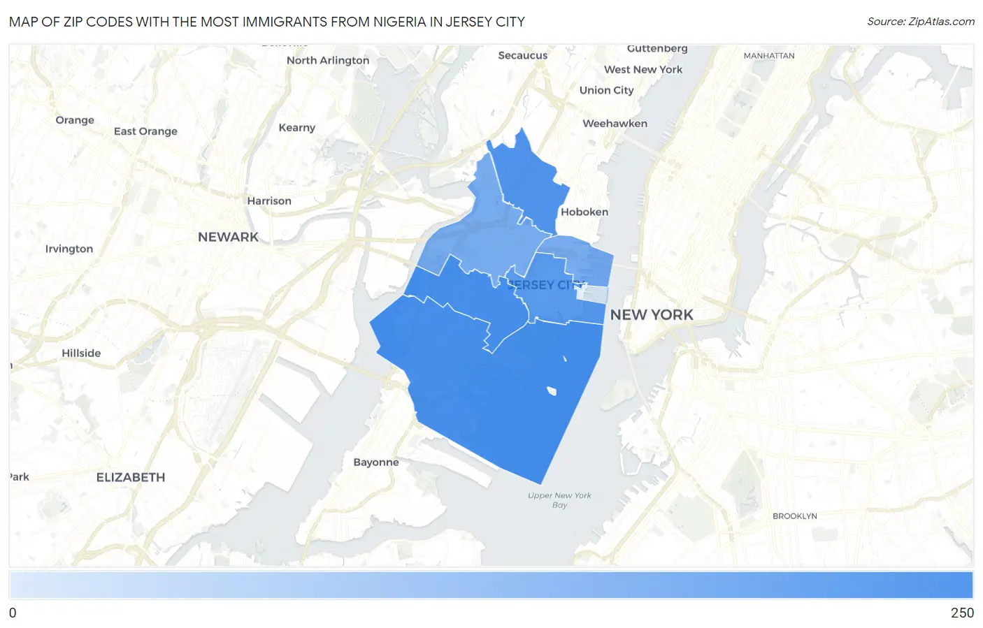 Zip Codes with the Most Immigrants from Nigeria in Jersey City Map