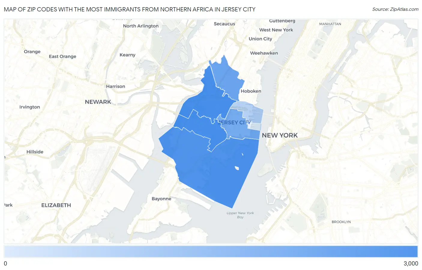 Zip Codes with the Most Immigrants from Northern Africa in Jersey City Map