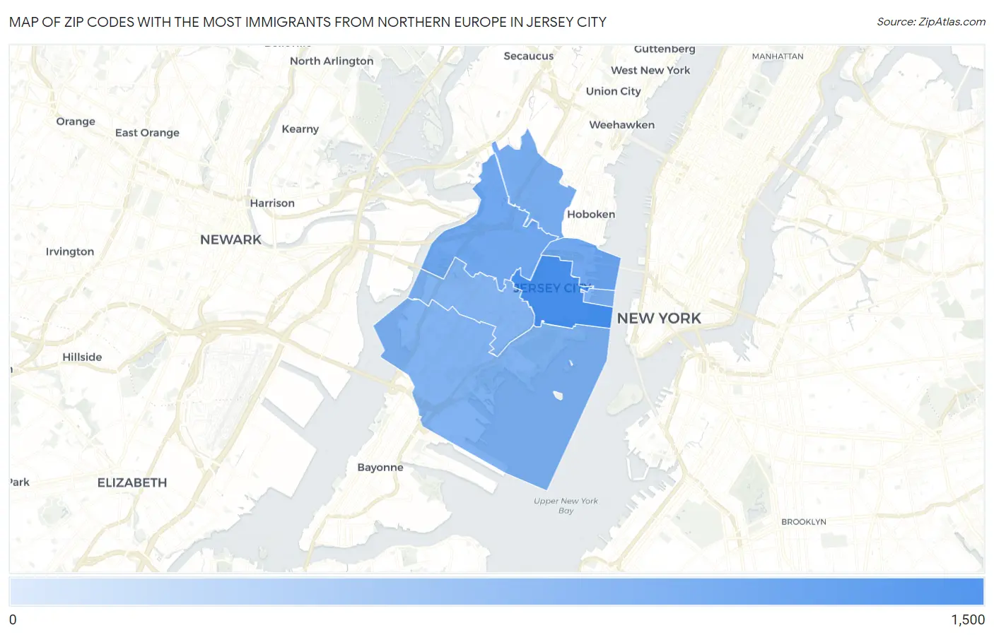 Zip Codes with the Most Immigrants from Northern Europe in Jersey City Map