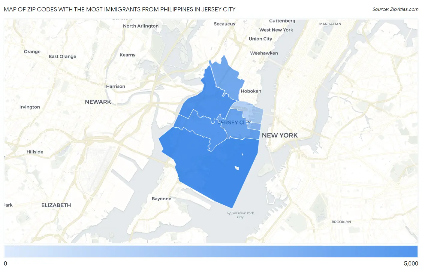 Zip Codes with the Most Immigrants from Philippines in Jersey City Map