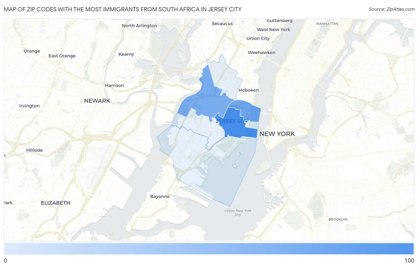 Zip Codes with the Most Immigrants from South Africa in Jersey City Map