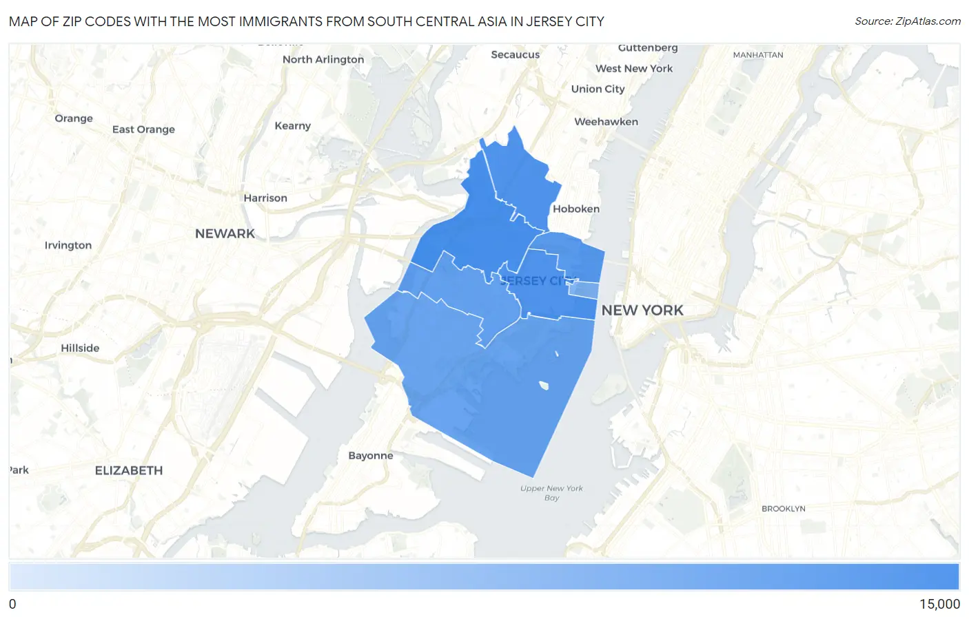 Zip Codes with the Most Immigrants from South Central Asia in Jersey City Map