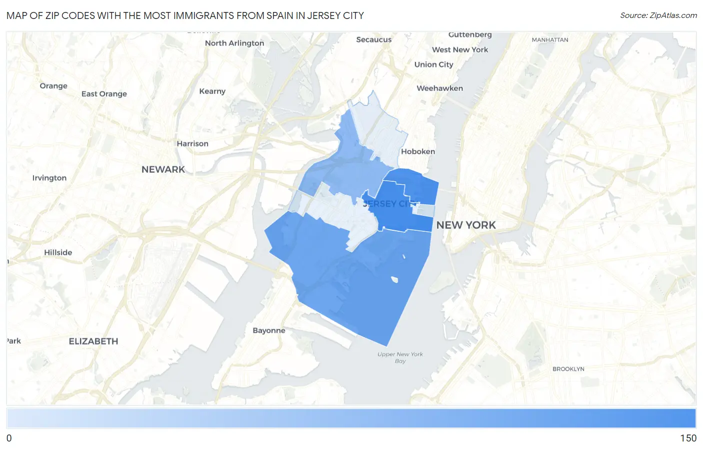 Zip Codes with the Most Immigrants from Spain in Jersey City Map