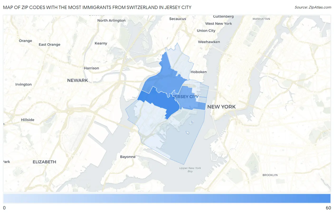 Zip Codes with the Most Immigrants from Switzerland in Jersey City Map