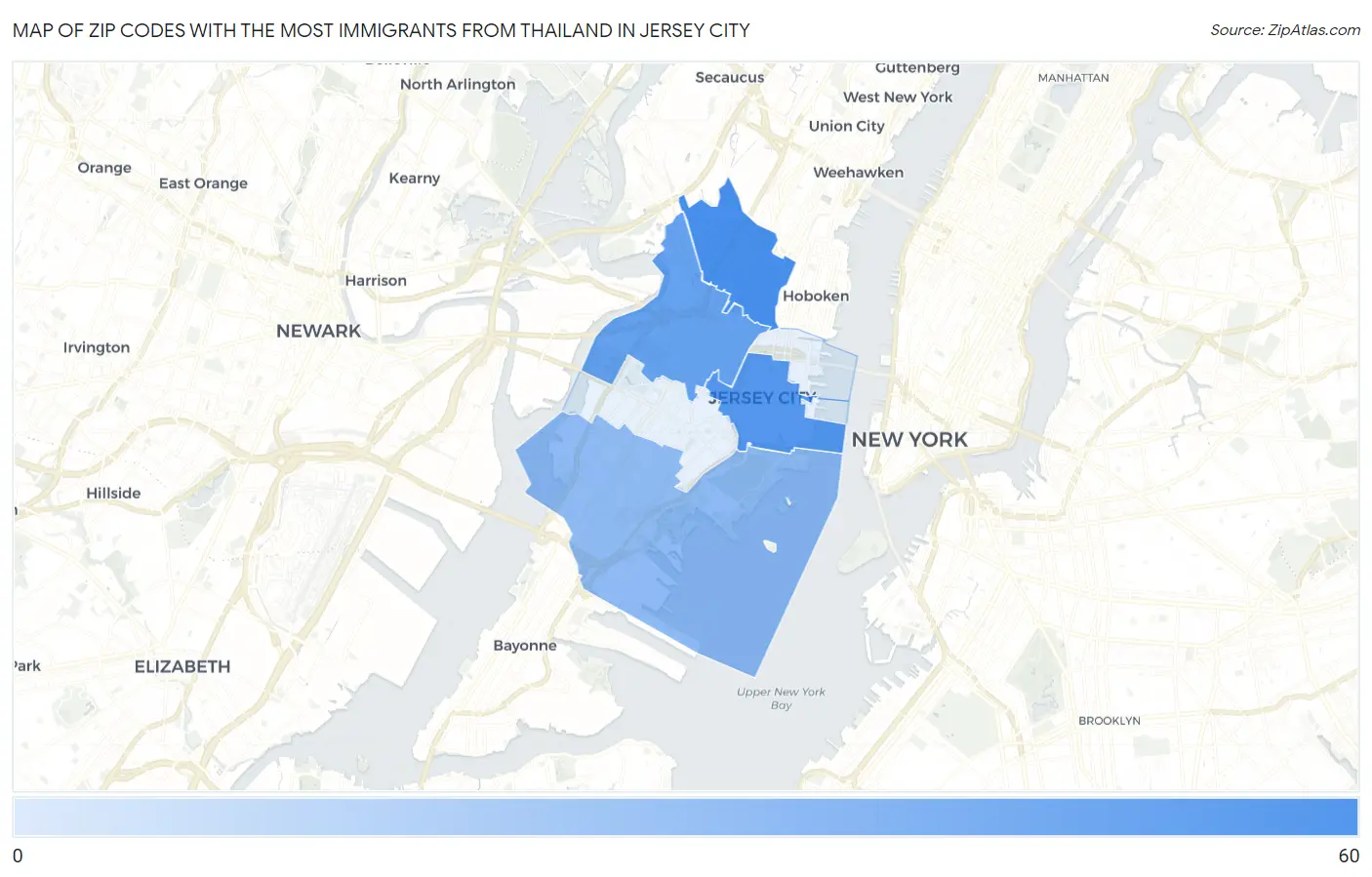 Zip Codes with the Most Immigrants from Thailand in Jersey City Map