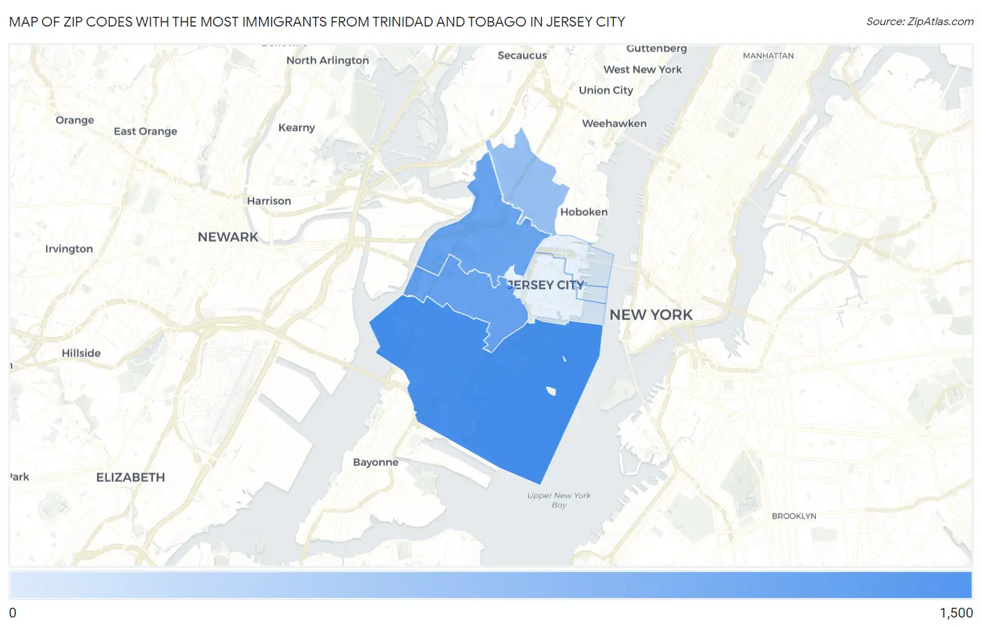 Zip Codes with the Most Immigrants from Trinidad and Tobago in Jersey City Map