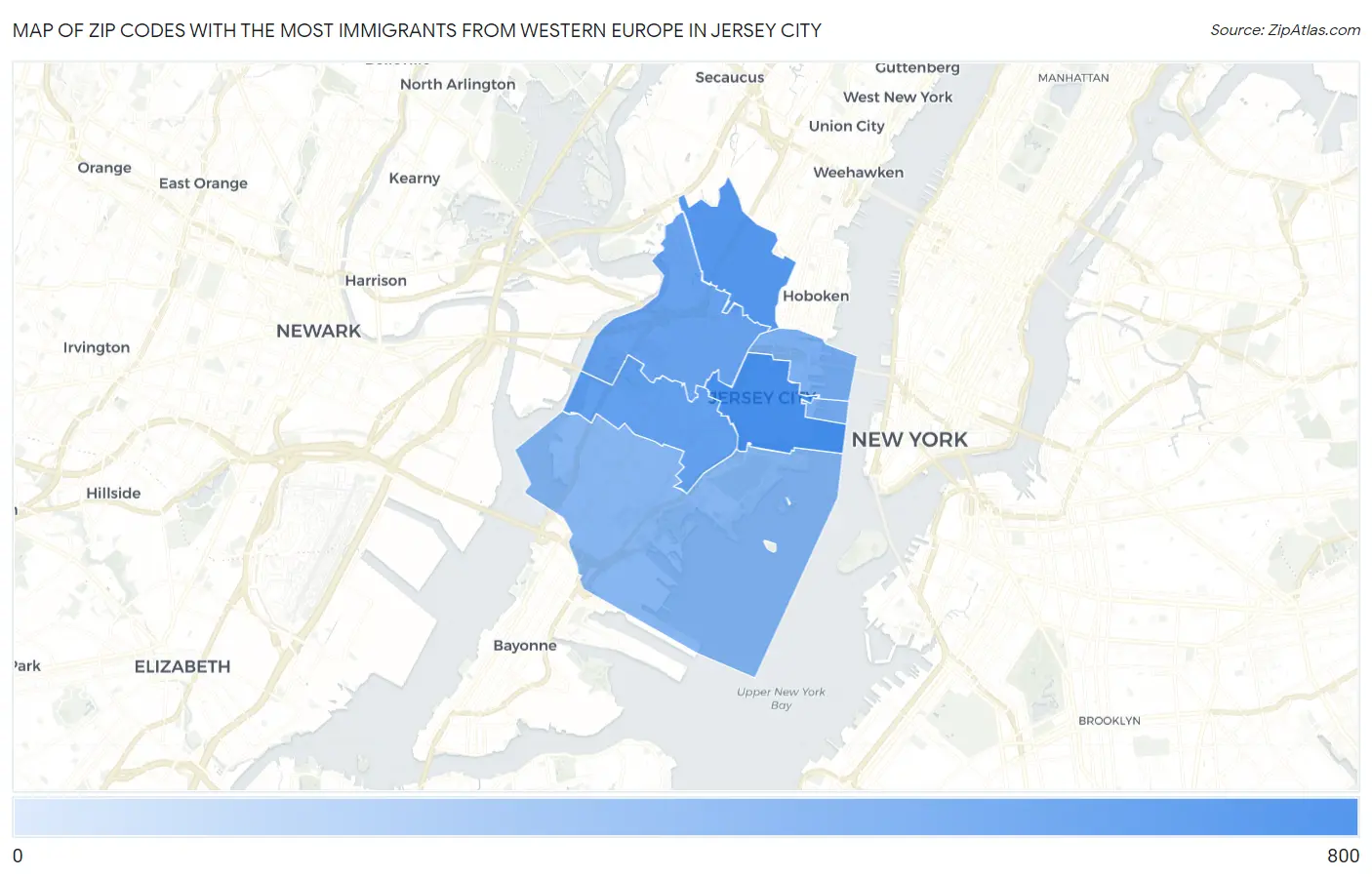 Zip Codes with the Most Immigrants from Western Europe in Jersey City Map