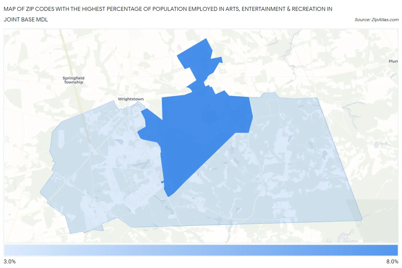 Zip Codes with the Highest Percentage of Population Employed in Arts, Entertainment & Recreation in Joint Base Mdl Map
