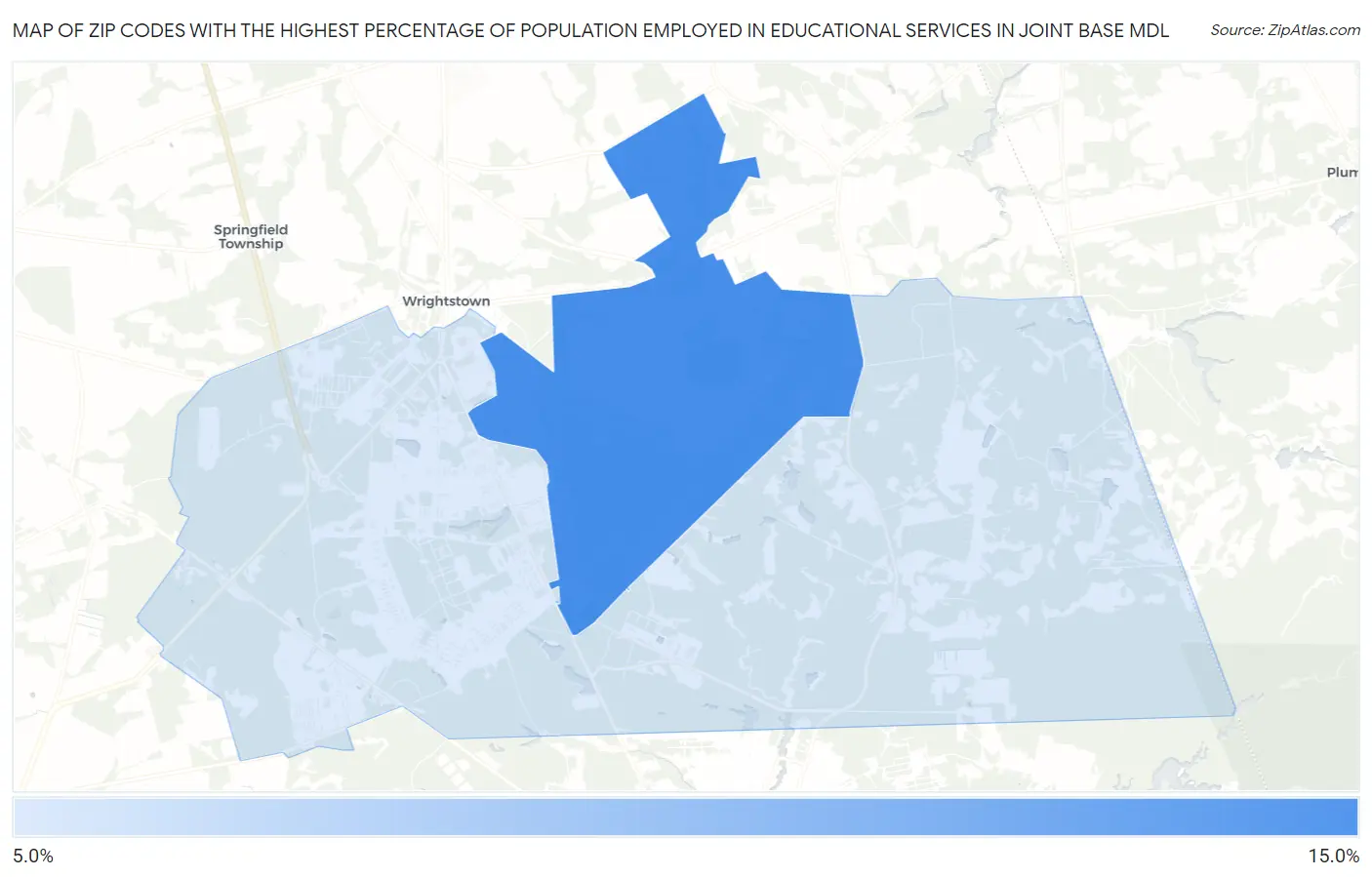 Zip Codes with the Highest Percentage of Population Employed in Educational Services in Joint Base Mdl Map