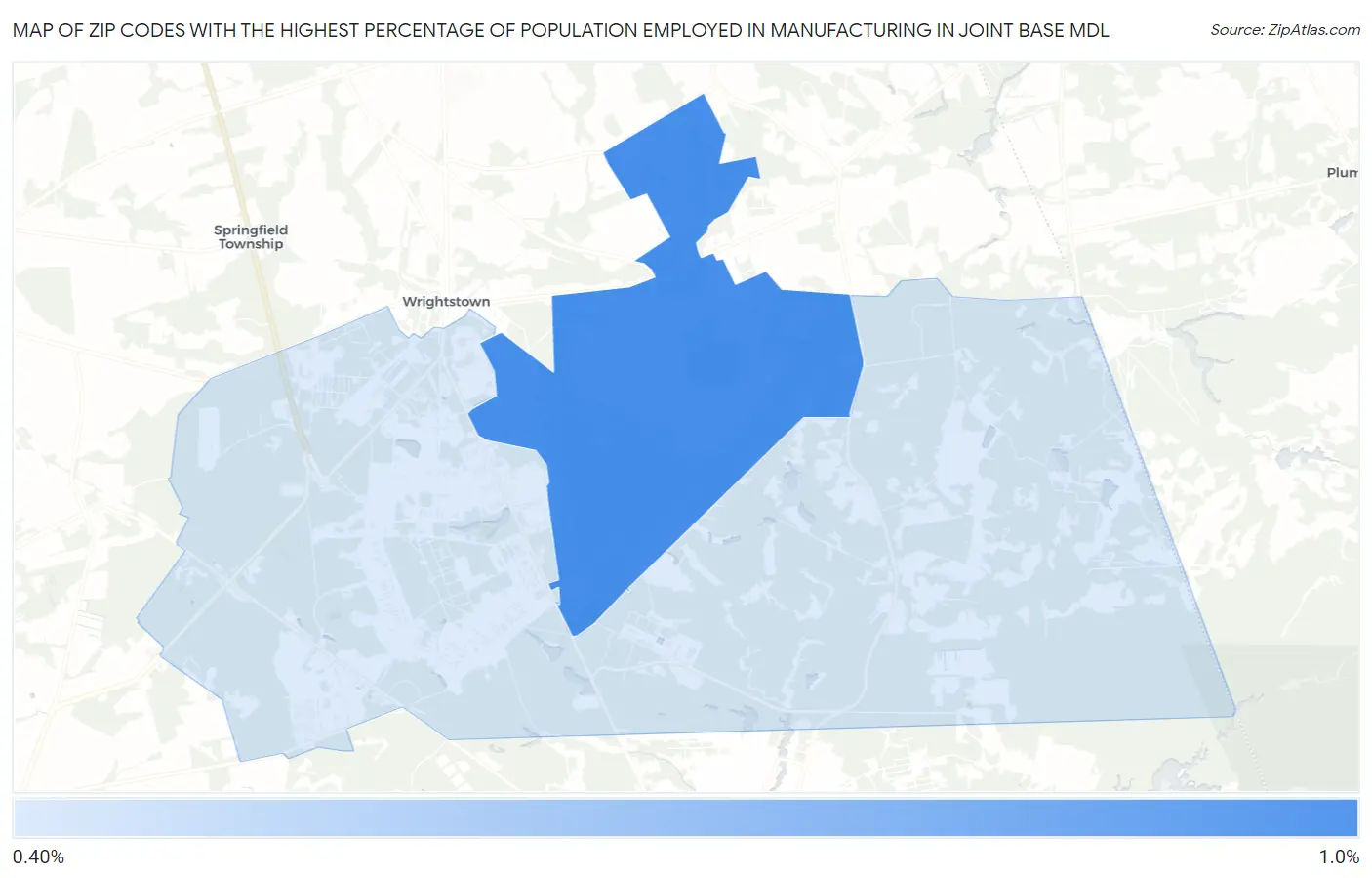 Zip Codes with the Highest Percentage of Population Employed in Manufacturing in Joint Base Mdl Map