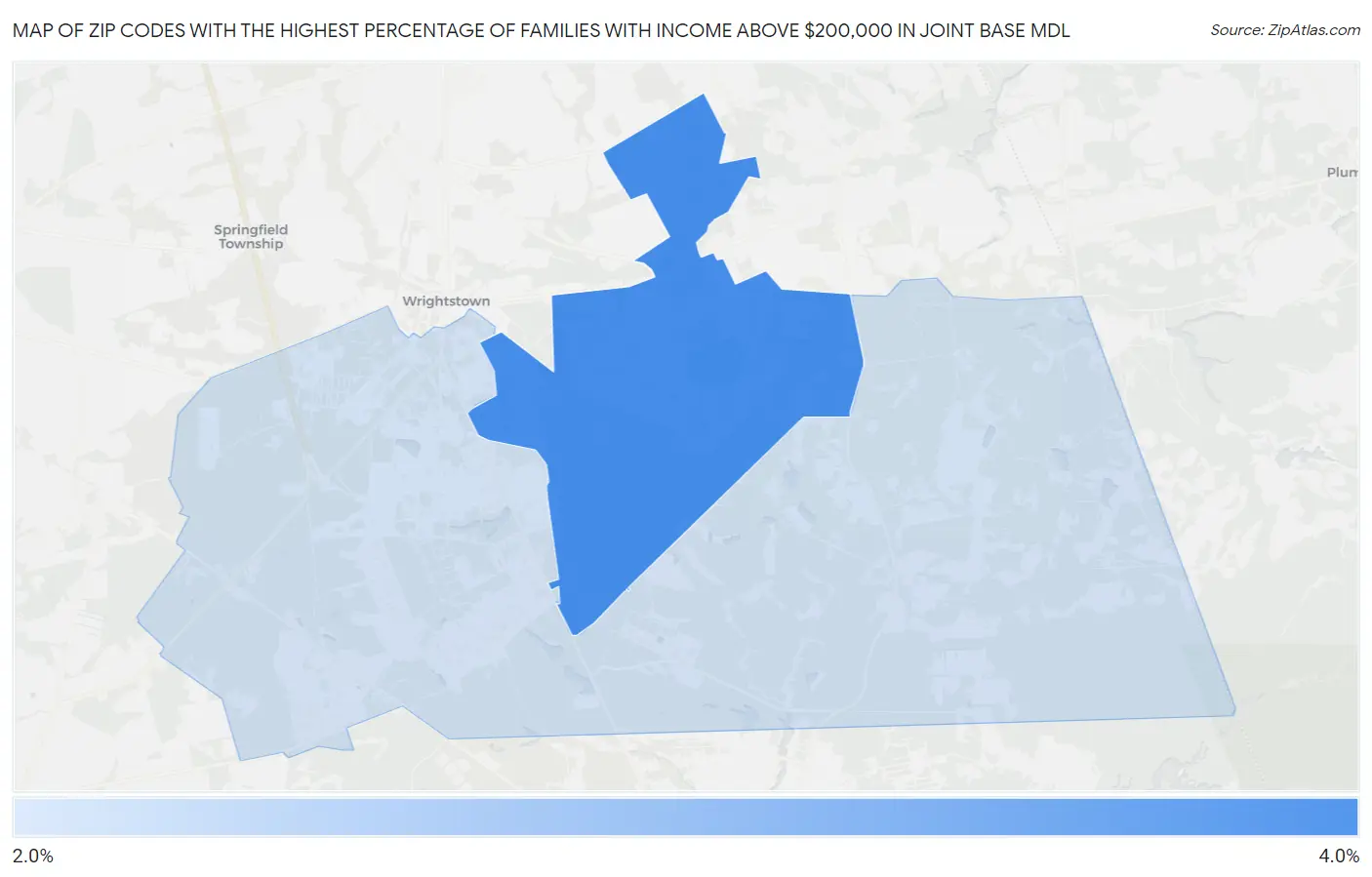 Zip Codes with the Highest Percentage of Families with Income Above $200,000 in Joint Base Mdl Map