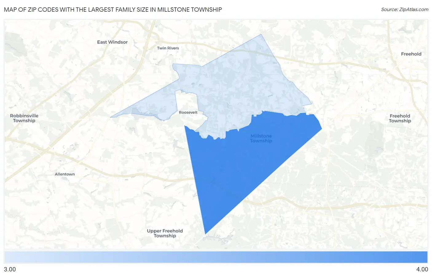 Zip Codes with the Largest Family Size in Millstone Township Map